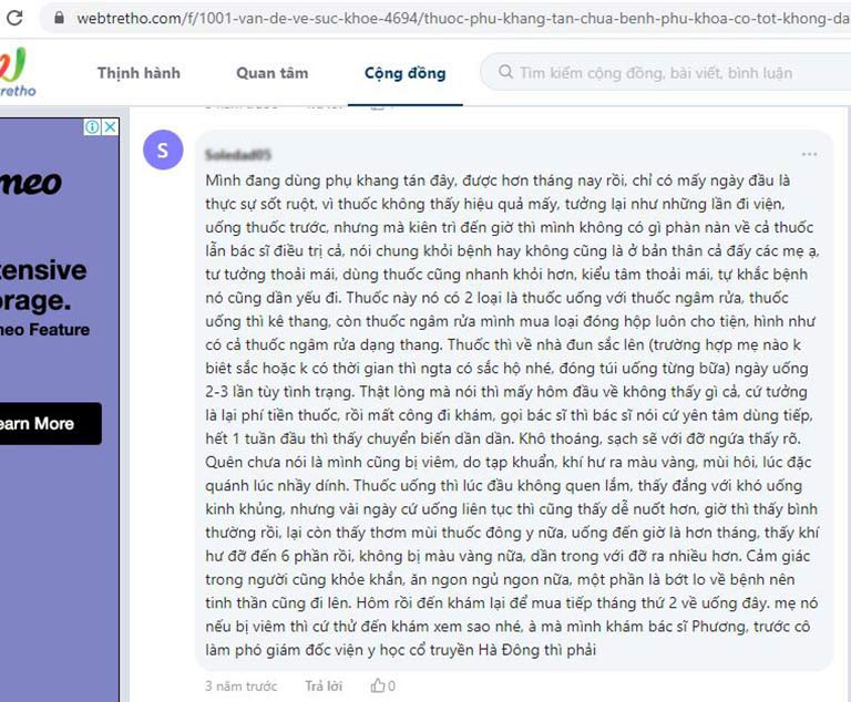 Bệnh nhân đánh giá về Phụ Khang Tán trên webtretho