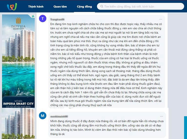 Phản hồi của bệnh nhân viêm âm đạo về Phụ Khang Tán trên facebook và webtretho