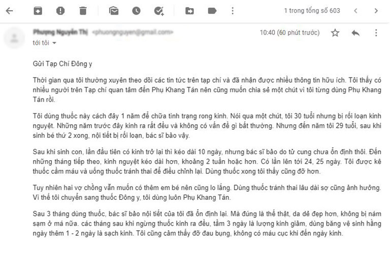 Email của người bệnh chia sẻ về Phụ Khang Tán được đăng tải trên Tạp chí Đông y