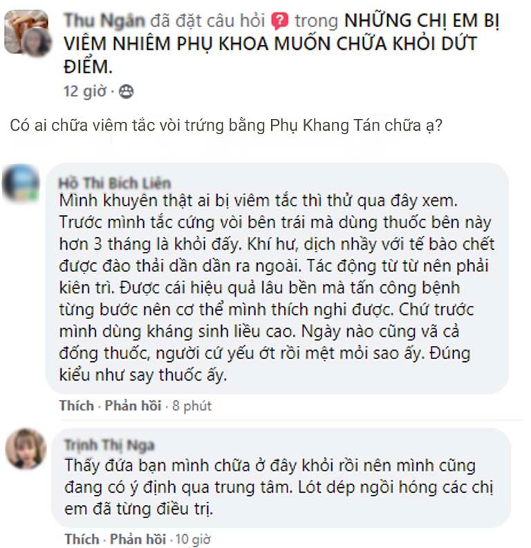 Chị em chia sẻ về hiệu quả của Phụ Khang Tán trong chữa viêm tắc vòi trứng trên Facebook