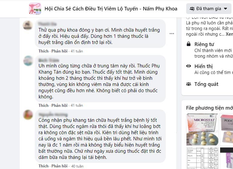 Phản hồi của bệnh nhân huyết trắng về Phụ Khang tán trên Facebook