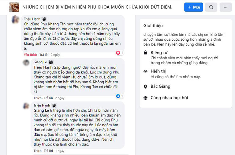 Bệnh nhân viêm âm đạo chia sẻ về Phụ Khang Tán trong Hội nhóm Facebook