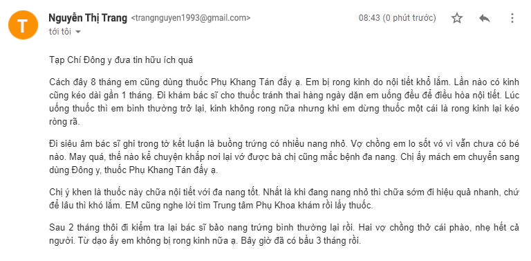 Bệnh nhân gửi email về cho Tạp Chí Đông y chia sẻ kết quả chữa trị rong kinh tại TT Phụ Khoa Đông Y Việt Nam