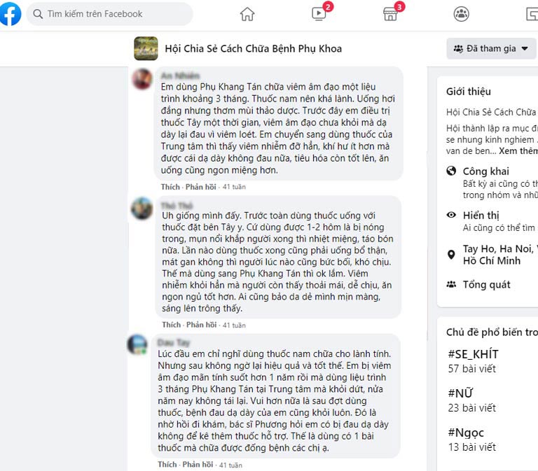 Chị em chia sẻ về khả năng chữa viêm nấm của Phụ Khang Tán trong hội nhóm trên Facebook