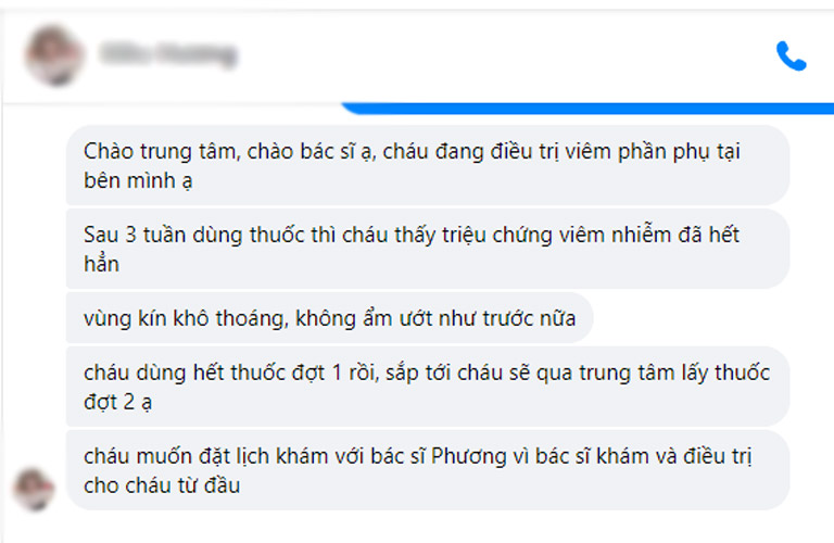 Phản hồi của một bệnh nhân viêm phần phụ gửi về hộp thư của trung tâm