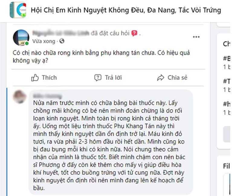 Chia sẻ của người bệnh về Phụ Khang Tán trong hội nhóm Facebook