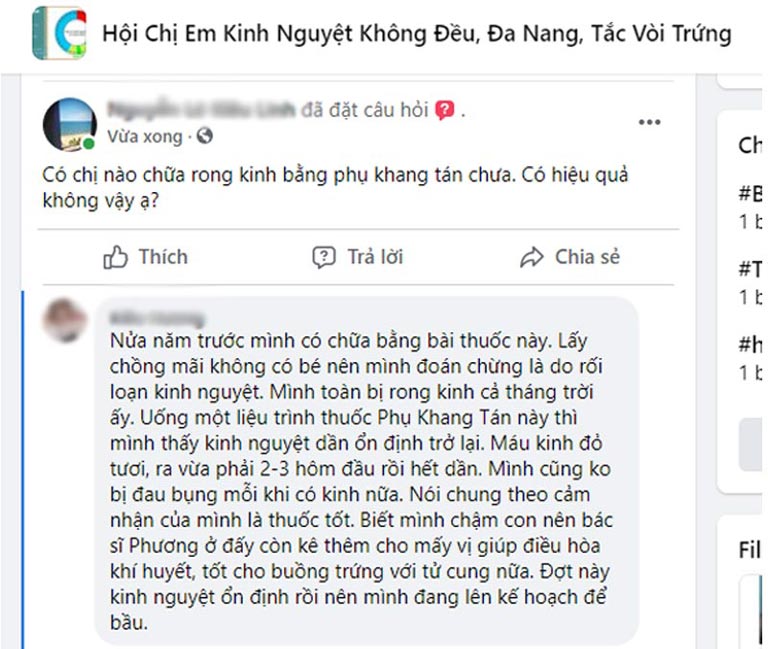 Phản hồi tích cực của bệnh nhân bị rong kinh trên facebook