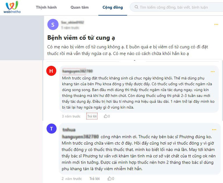 Chị em chia sẻ về hiệu quả chữa viêm cổ tử cung của Phụ Khang Tán trên webtretho