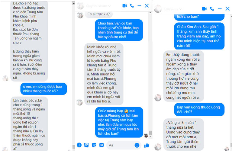 Một số phản hồi qua messenger fanpage chăm sóc sức khỏe của Trung Tâm Phụ Khoa Đông y Việt Nam