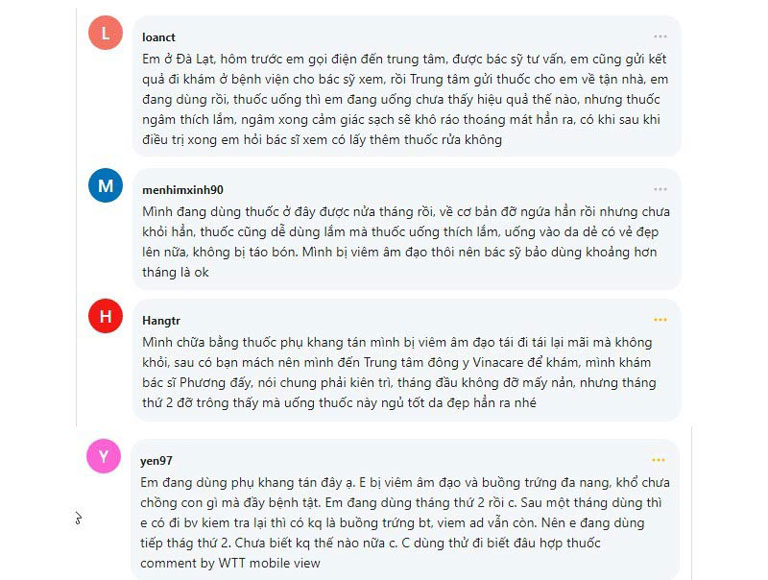 Các chị em chia sẻ hiệu quả của Phụ Khang Tán trên webtretho