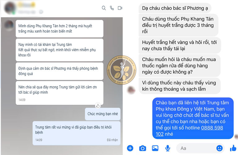 Tin nhắn người bệnh gửi về Trung tâm chia sẻ về những tín hiệu tích cực sau khi dùng thuốc Những phản hồi của người bệnh về hiệu quả của Phụ Khang Tán trong điều trị huyết trắng