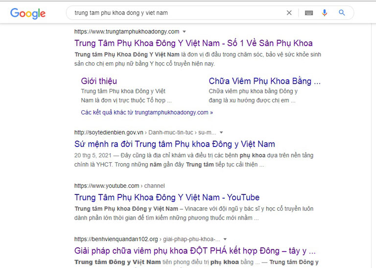 Kết quả tìm kiếm trên Google cung cấp rất nhiều thông tin về Trung tâm Phụ khoa Đông y Việt Nam