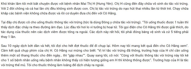 Người bệnh chia sẻ về quá trình cô Hằng chữa tắc vòi trứng