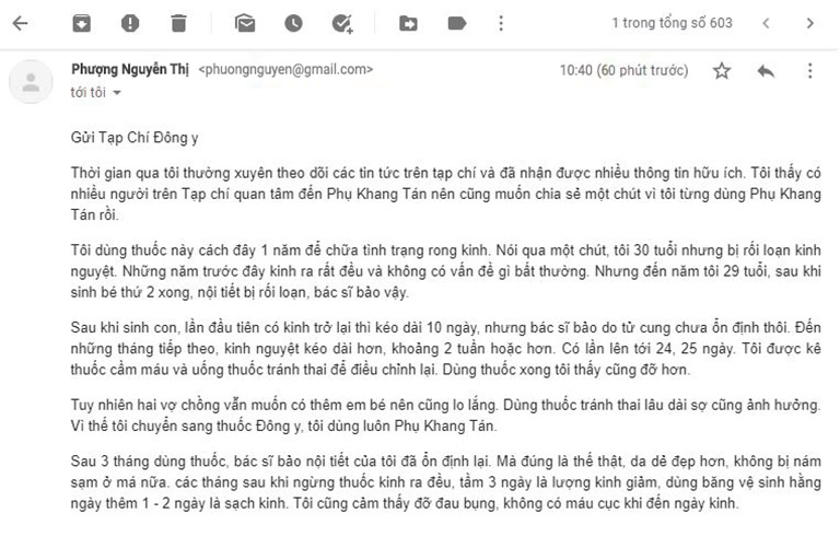 Bệnh nhân rong kinh chia sẻ kết quả điều trị bằng Phụ Khang Tán