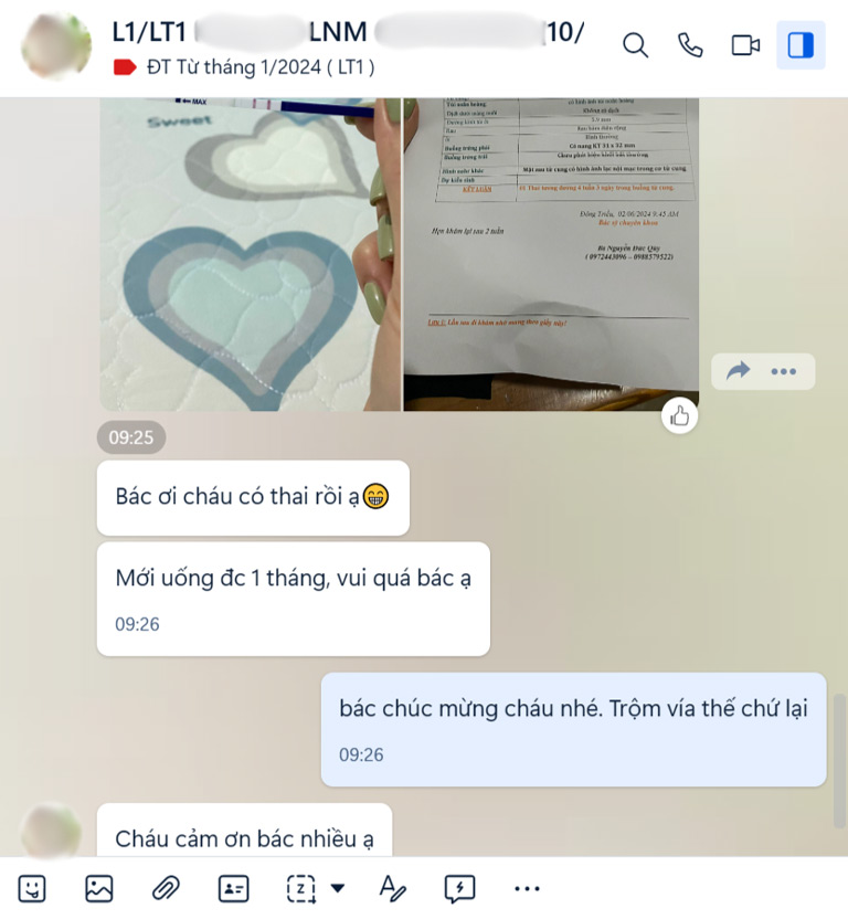 Chị Hồng đã thật sự mang thai tự nhiên sau 1 tháng dùng thuốc Phụ Khang Tán điều trị lạc nội mạc tử cung