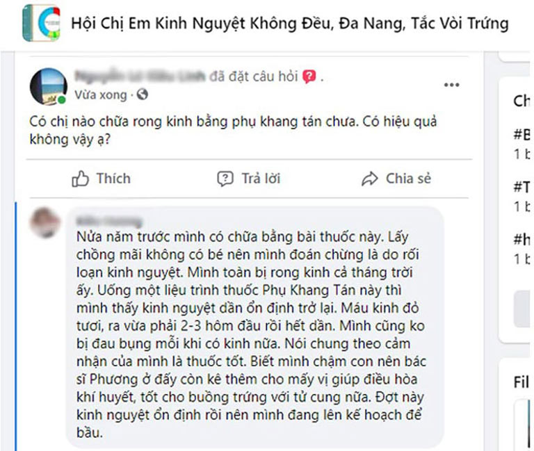 Những phản hồi tích cực của người bệnh về công dụng mà Phụ Khang Tán mang lại trong xử lý rối loạn kinh nguyệt