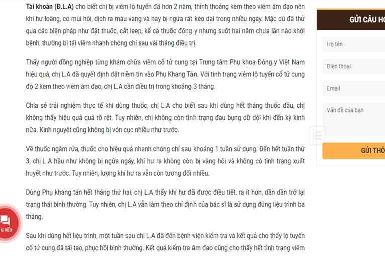 Khách hàng Đỗ Lan Anh chia sẻ hiệu quả điều trị viêm lộ tuyến cổ tử cung bằng thuốc Phụ Khang Tán
